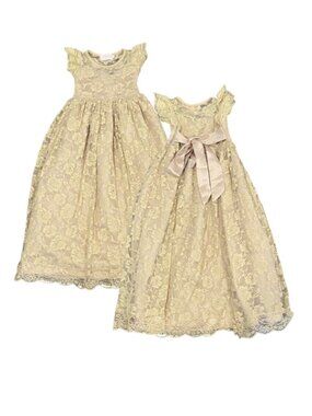 Think Pink Bows beige lace full length formal girls gown size 5 with ribbon tie